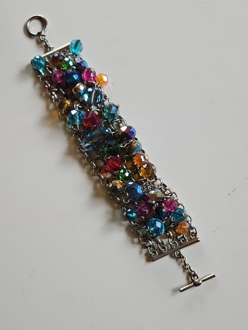 Multicolor Crystal Aurora Borealis Cluster Toggle Mesh Wide Bracelet Gold Tone - Picture 3 of 7
